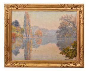 ANTIQUE PAINTINGS LAKESIDE LANDSCAPE, OIL ON CANVAS, ART NOUVEAU, EARLY 20TH CENTURY (QP747)